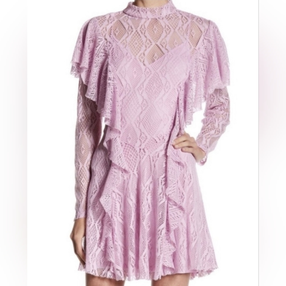 Free People Wisteria Lace Ruffle Raw Hem Long Sleeve Dress Purple Medium NWT